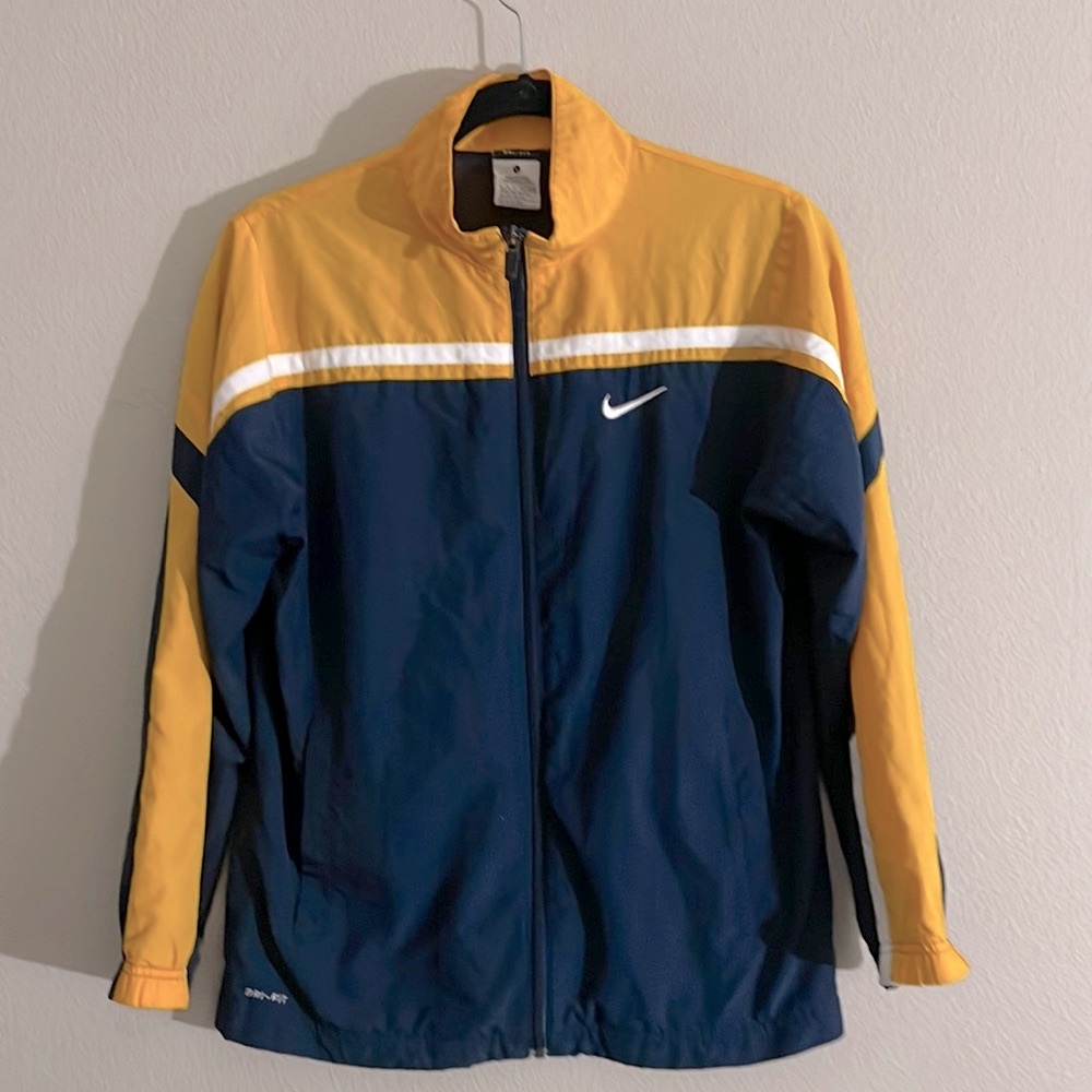 Nike Athletic Dri Fit Jacket 90’s Kids Blue Yellow Polyester Mesh lining size L.